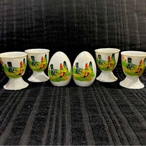 Vintage Japan Rooster & Hen Egg Cups With Salt & Pepper Shakers~ 6 Piece Set